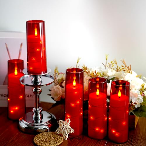 Image of Flameless Candles,with Embedded Star String, Battery Operated Candles Flickering LED Pillar Candles with Remote Control and Timer, Home Decoration Add a Warm and Romantic Atmosphere,Set of 7 (Red)