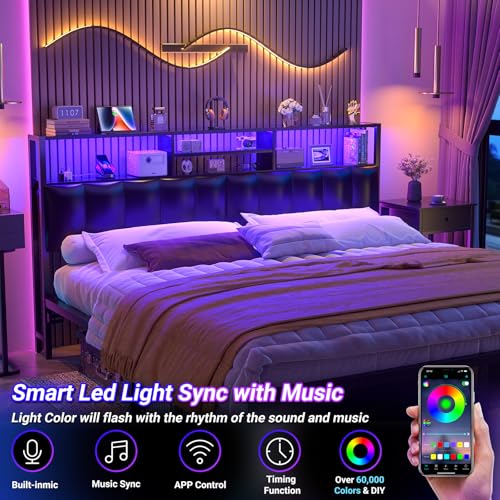 Image of Aheaplus Headboard for King Size Bed with Storage, Upholstered Headboards | with Outlets, USB Ports and LED Light, Reversible King Size Head Board, Height Adjustable, Comfortable Headboard, Black