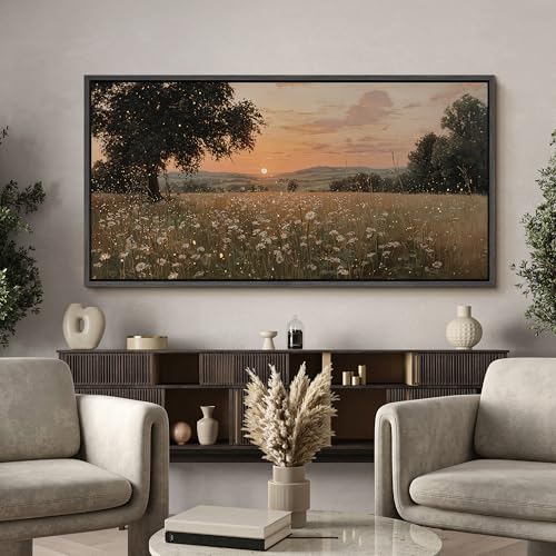 Image of MUDECOR Extra Large Framed Canvas Print Wall Art Golden Sunset Meadow with Wildflowers Warm Landscape Antique Retro Ready to Hang Painting for Living Room Bedroom Multi-Sizes - 60 inchx30 inch