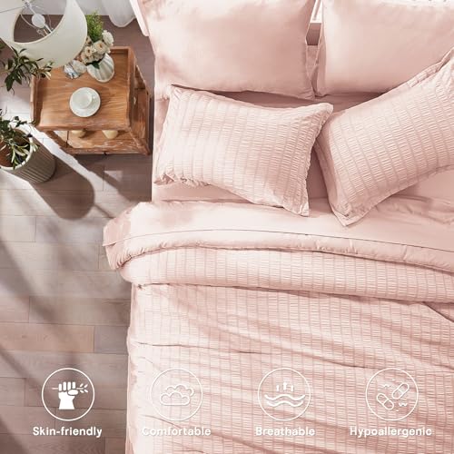 Image of Zzlpp Twin Comforter Set - 5 Pieces, Pink Seersucker Bed in a Bag with Comforter, Pillow Sham, Pillowcase, Flat Sheet, Fitted Sheet