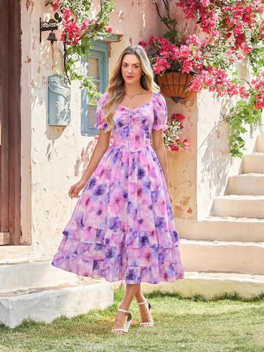 Image of Scarlet Darkness Women Floral Maxi Dress Puff Sleeve Tea Party Corset Dress | Pockets, Ruched Bust, Ruffled Hem, for Cottagecore Fairy Milkmaid Vacation