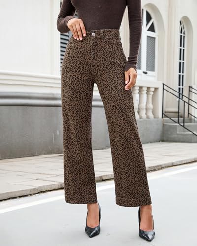 luvamia Wide Leg Jeans Woman Trendy High Waisted Leopard Cheetah Print Ankle Length Stretchy Denim Pants with Pockets