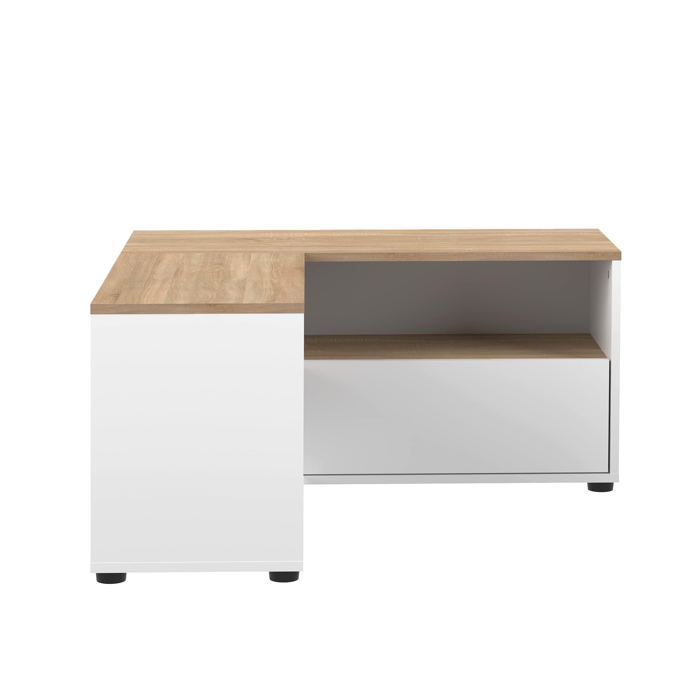Symbiosis Angle, tavolino porta tv angolare, bianco e rovere naturale, 90x90x45 cm
