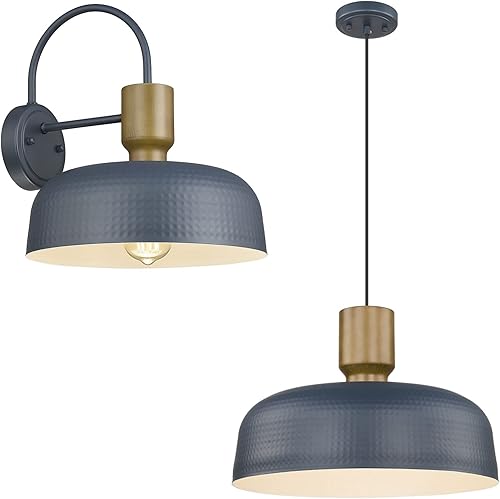 Apliques de pared de metal martillado para exteriores + iluminación colgante para cocina, lavandería, pasillo, vestíbulo, comedor (1 juego, azul)