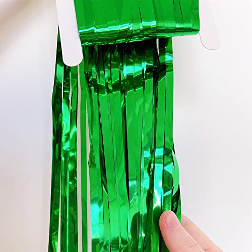 Image of CHRORINE 2pcs 3ft x 8.3ft Green Tinsel Foil Fringe Curtains Streamers Backdrop for Green Birthday Jungle Safari Tropical Party Christmas Decorations
