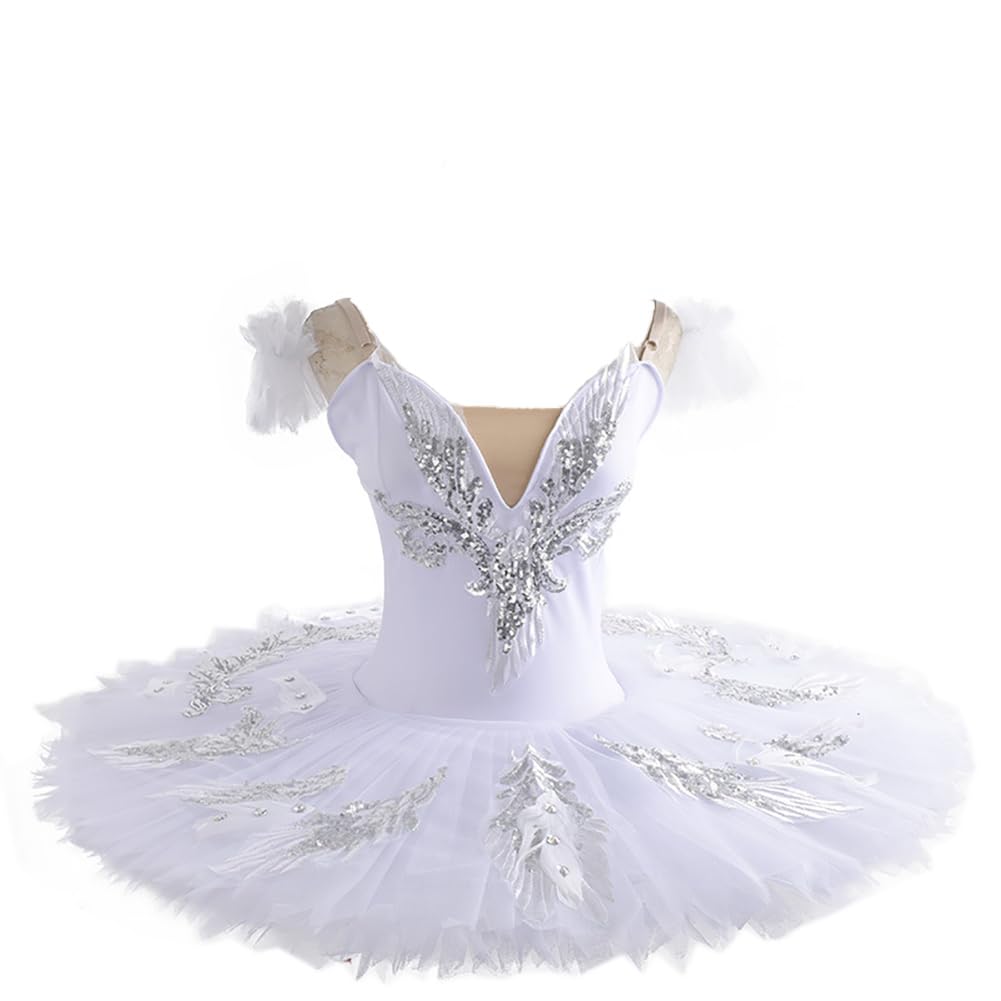 tutù Professionale Bianco per Bambine, Gonna da Ballerina per Pattinaggio Artistico, Costume da Ballerina del Lago dei Cigni, Abbigliamento da Allenamento （160 cm）