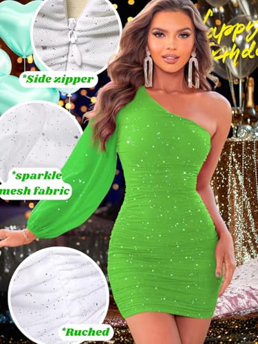 Image of ShawGobow Sparkly Outfits for Women,One Shoulder Ruched Bodycon Short Prom Dress,Sexy Dresses Cocktail Homecoming Nye