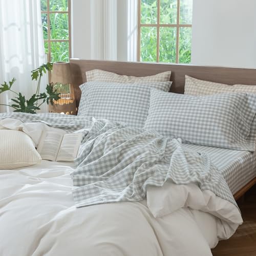 Image of MooMee Gingham Sheet Set 100% Washed Cotton Linen Like Textured Breathable Soft w /Fully Elasticized 16-19 inch Deep Pocket (Classic Gingham Northern Droplet Grey, Queen)