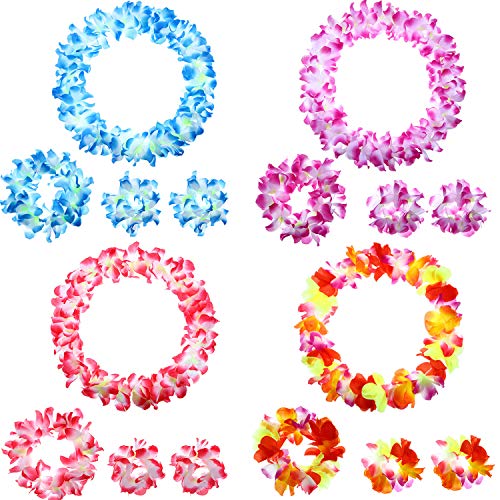 Blulu 4 Sets Hawaiian Flower Leis Jumbo Necklace Bracelet Headband Set Tropical Luau Party Flower Decorations Hawaiian Leis for Graduation Party Beach Luau Costume Accessories