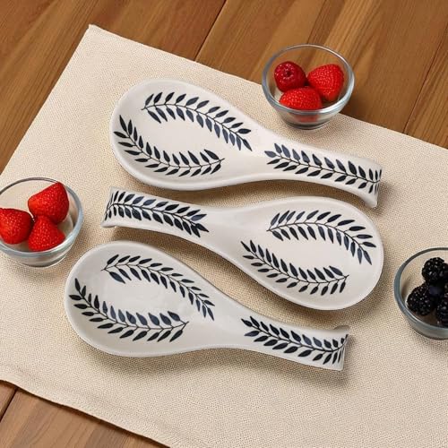 Image of Malaikah Ceramic Spoon Rest Black 2 Leaf Pack of 3 for Home, Kitchen, Dining, Kitchen Decor & Gifting