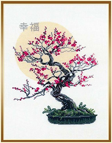 Kit de Punto de Cruz. Bonsai con Flores Rosas
