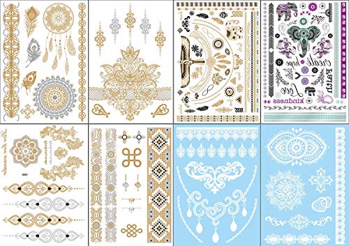 Tattoos Temporary Henna - 8 PCS | White Gold Silver Black Women Metallic, Glitter Stickers for Body, Face, Flash Festivals Fake Tattoo