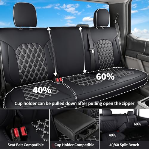 Image of Huidasource F150 Front & Back Leather Seat Covers Accessories Fit for 2015-2026 F150 SuperCrew & 2017-2026 F250 F350 F450 Super Duty Crew Cab XL XLT Lariat King Ranch Platinum(Full Set /Black&White)
