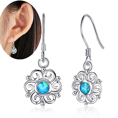 HOMEYU 925 Sterling Silver Genuine Sky Flower Stud Earrings Simulated Birthstone Gemstone 3mm Round Opal