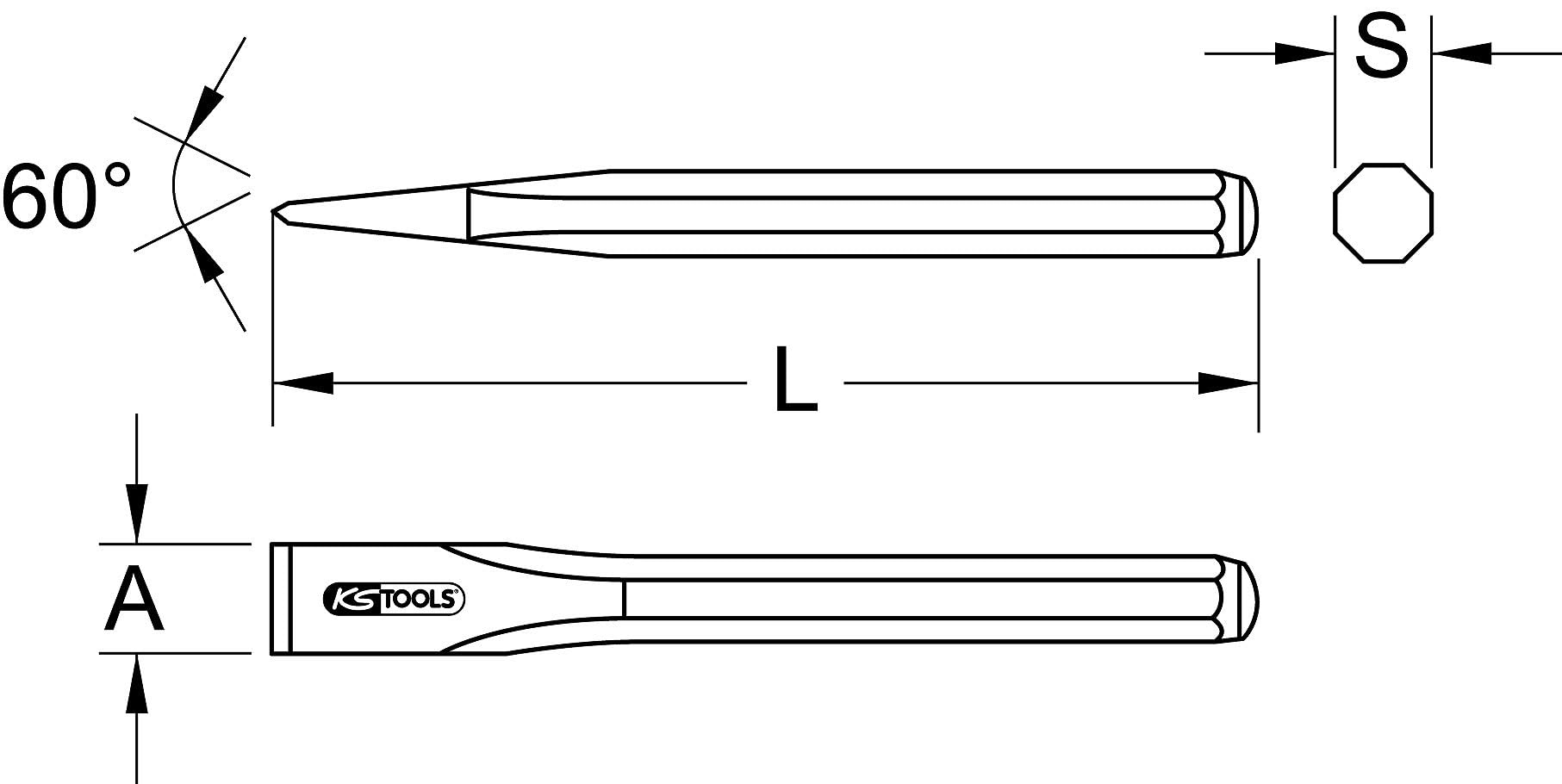 KS Tools 156.0162 Scalpello Piatto, Ottagonale, Finitura Lucida, Diametro 130 mm
