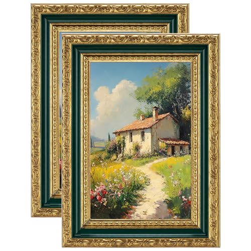 Image of eletecpro 4x6 Vintage Picture Frame, Glass Cover, Green Gold, 2-Pack | Display Photo 3.5x5 with Mat or 4x6 without, Horizontal or Vertical, Tabletop or Wall Decor