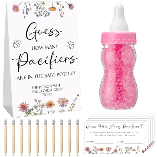 Image of Roowest 512 Pcs Baby Shower Games Guess How Many Pacifiers Sign 100 Small Guessing Games 10 HB Pencils 750ml Milk Bottle 400 Acrylic Pacifiers Decoration for Guest Gender Reveal(Pink,Wild Flower)