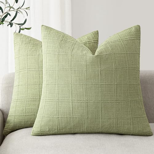 Image of Foindtower Set of 2 Decorative Linen Check Throw Pillow Covers Neutral Farmhouse Vintage Cushion Covers Modern Boho Accent Home Decor for Sofa Chair Couch Bedroom Living Room,26x26 Inch,Light Green