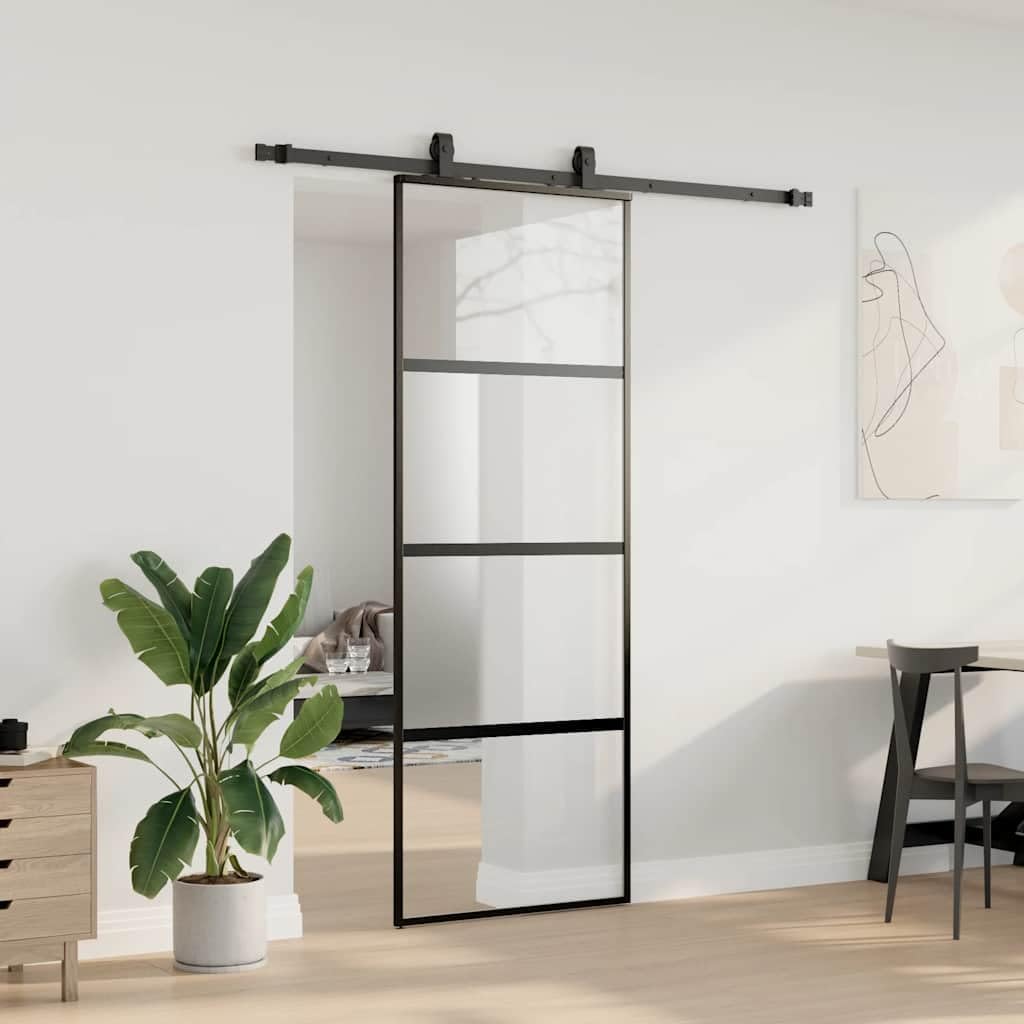 Drzwi przesuwne 76 x 205 cm, szkło hartowane, aluminium, czarne | Zestaw okuć w zestawie, nieprzezroczyste szkło zapewniające prywatność, aluminiowa rama, konstrukcja oszczędzająca miejsce