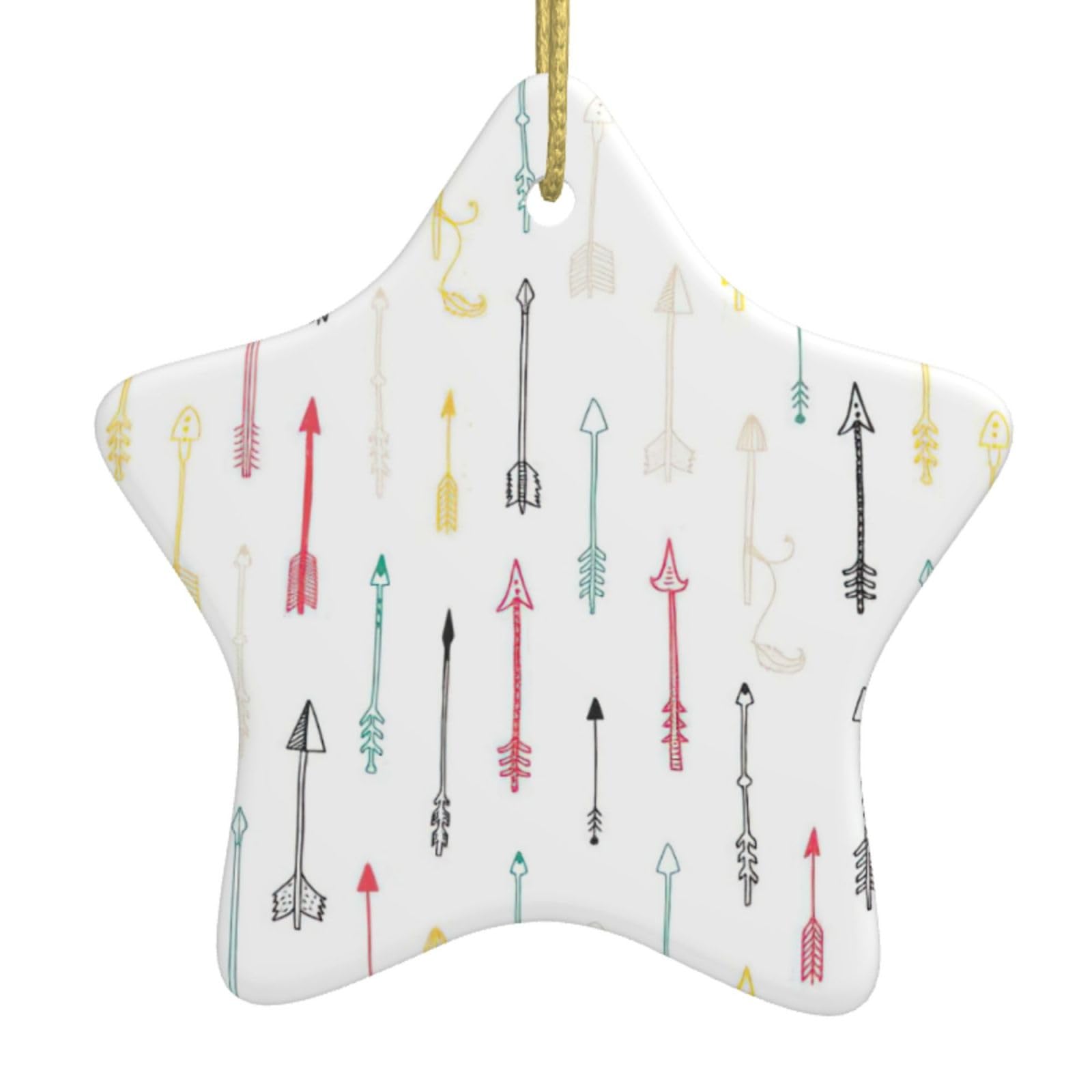 Colorful Hand Drawn Art With Boho Style Arrows Print Christmas Ornaments, Ceramic Hanging Ornament, Round Shape Decorations