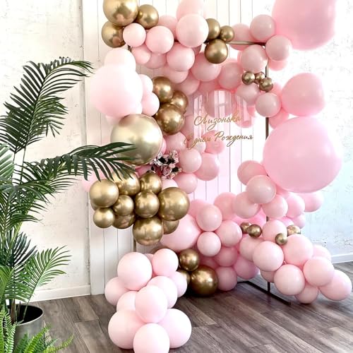 Image of Pink Gold Balloons, 60PCS Pink White Gold Birthday Balloons, 12 Inch Metallic Gold Confetti Balloons Macaron Pink Latex Balloons for Helium Party Balloons for Birthday Wedding Baby Shower Decoration