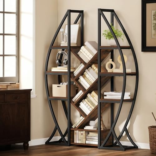 GOOBED Oval Bookshelf, Triple Wide 5 Tier Etagere Bookcase, Industrial Display Shelves Tree Bookshelf for Living Room, Bedroom, Home Office, Rustic Brown