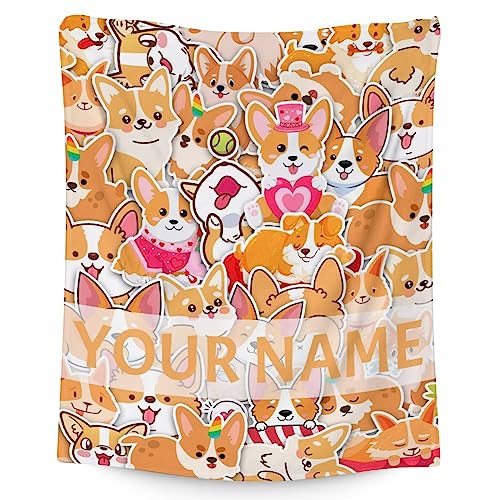 Personalized Corgi Blanket Gifts with Name - 30"x40" Cute Throw for Adults, Kids - Colorful Soft Fuzzy Blankets for Couch & Office