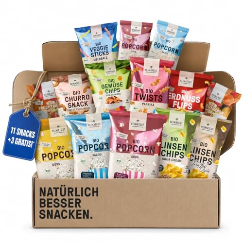 HEIMATGUT Bio Snack Probierbox 2026 11 plus 3 Snack-Mix - 14 vegane Bio-Snacks süß salzig & herzhaft - Snackbox zum Probieren Teilen & Verschenken