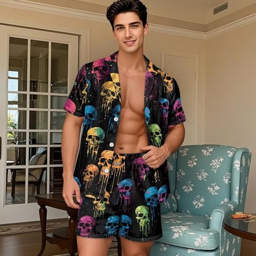 Men's Sleepwear Set Button Down Front Short Sleeve Sleep Shirt and Shorts with Pockets Lightweight Pajama Set4