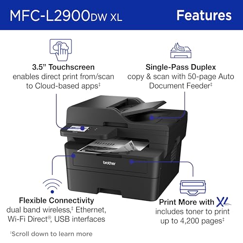 Brother MFC-L2900DW XL Wireless Compact Monochrome All-in-One Laser Printer with Duplex Copy & Scan, Fax, Black & White | Up to 4,200 Pages of Toner Included(1), Amazon Dash Replenishment Ready