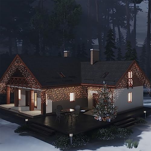 KLYEON Cortina Luces carámbano 10m 400 LED Blanco cálido 8 Funciones,Cortinas de Luces LED carámbano | Iluminación mágica para Navidad y Fiestas Decoración de Temporada, Luces de Navidad