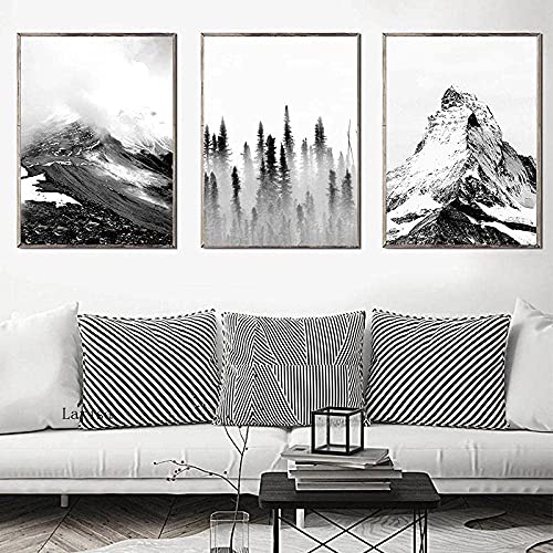 Obra de arte Pintura 3 piezas 50x70 cm Sin marco Póster en blanco y negro Nieve Montaña Niebla Bosque Paisaje Arte de la pared Pintura Sala de estar Decoración para el hogar
