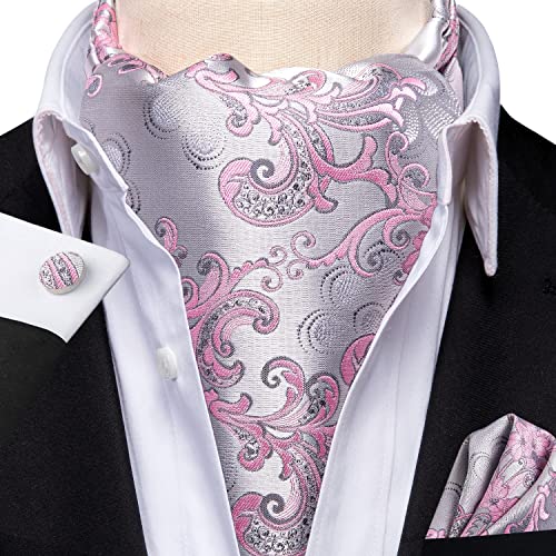 Image of Hi-Tie Silk Ascot for Men Self Tie Men's Cravat and Flower Lapel Pin Handkerchief Cufflinks Set for Wedding Party