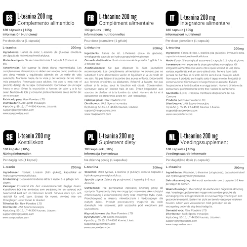 L Theanin 200mg – 180 Kapseln | Reine Formel ohne unnötige Zusätze | Flexibel dosierbar (1–2 Kapseln täglich) | Bis zu 6 Monate Vorrat | Vegan & glutenfrei | RAW Powders