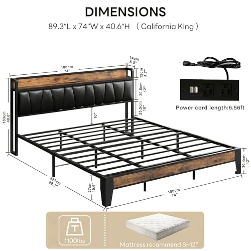 Image of LIKIMIO California King Bed Frame, Storage Headboard with Charging Station, Solid and Stable, Noise Free, No Box Spring Needed, Easy Assembly (Vintage and Black)