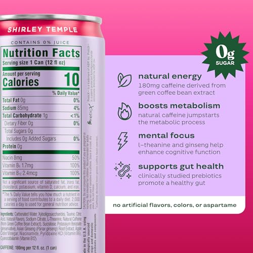 Image of Bloom Nutrition Sparkling Energy Drink - Natural Caffeine, Zero Sugar, 180mg Caffeine - Antioxidant-Rich with Green Coffee Bean, Green Tea Extract, Prebiotics - Shirley Temple- 12oz 12 Pack