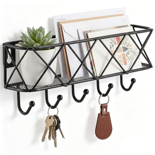HappyHapi Key Holder Wall Mount, Metal Key Rack, 9.8”Lx2.1”Wx4.1”H | Wall Mounted Key Hooks for Wall with 5 Hooks, Mail Holder for Wall for Entryway, Bedroom, Living Room