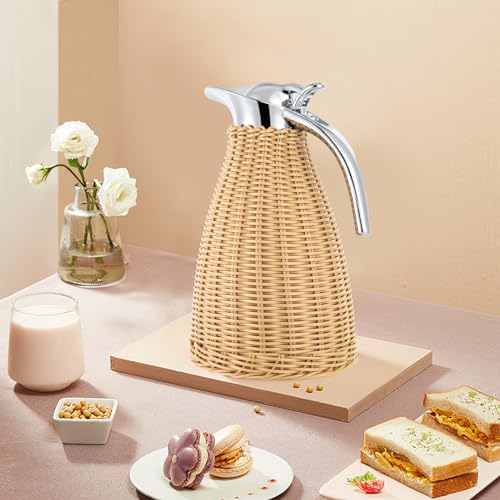 Jarra de café térmica de acero inoxidable, doble pared aislada al vacío con cuerpo de ratán hecho a mano, mantiene los líquidos calientes durante 24 horas