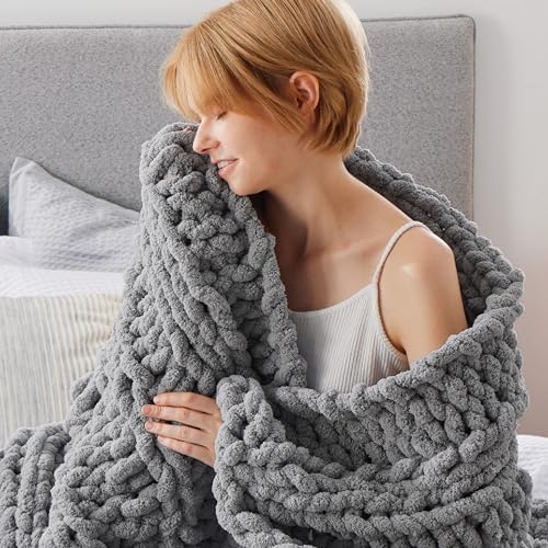 Bedsure Chunky Knit Blanket Throw – 100% Hand Knit Chenille Chunky Throw Blanket for Couch, Thick and Warm Blanket for Winter, Grey, 50×60 Inches