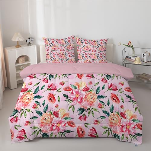 dyausi Edredón de flores 240 x 220 cm, 4 estaciones, reversible, acuarela, jardín, flores, edredón, sin funda, lavable, suave, para todo el año, con 2 fundas de almohada, color rosa H155
