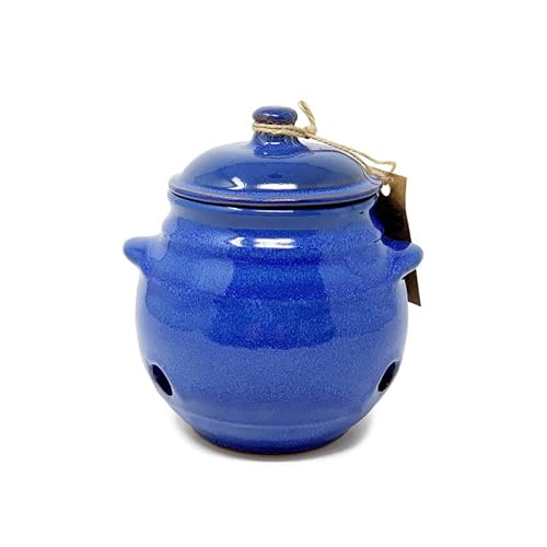 Verano Spanish Ceramics Selena Glaze Hand Dipped Garlic Storage Jar Pot with Lid - Decorative Home Décor Kitchen Restaurant Café Dining Counter Top Food Round Cannister Keeper - 15cm Blue