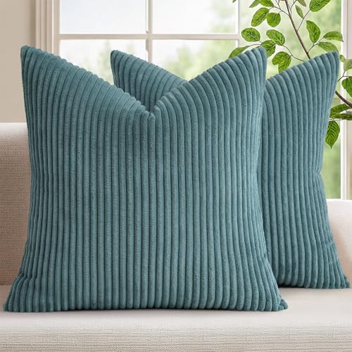 Image of Mecatny Corduroy Decorative Throw Pillow Covers 18x18 Set of 2 for Sofa Living Room, Soft Neutral Boho Couch Pillow Covers for Home Decor, Teal