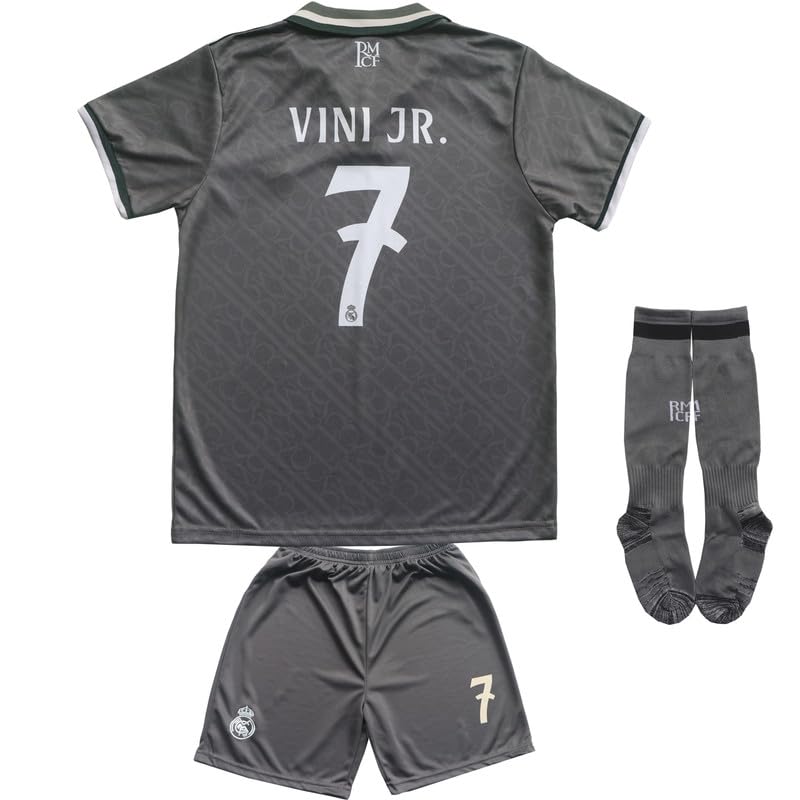 LeenBD Vini Jr. No #7 Madrid Gray Alternative Third Edition Kids Soccer Jersey Shirts Football Futbol Socks Set Youth Sizes