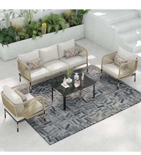Image of 4-Piece Outdoor Indoor Rope Patio Furniture Set Conversation Garden Waterproof Weaving Rope Bistro Set for Balcony Lawn Garden Terrace (Off White0036)