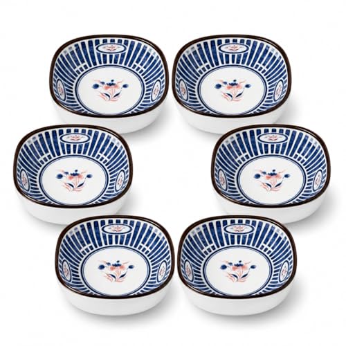 Image of YELONA Japanese Ceramic Bowl Set of 6 | 200ml Blue Floral Porcelain Elegant Serving Bowl for Rice, Soup, Snacks & Dessert | Ceramic Dinner Set for Gifting - (Indigo Ray)