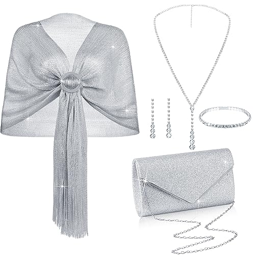 Hicarer 5 Pcs Dressy Jewelry Sets, Silver Shawls and Wraps, Clutch Purse for Homecoming Prom Evening Women Formal