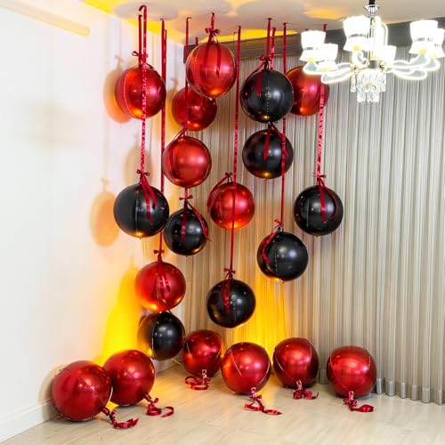 Image of 9 Pcs Black Red Round Foil Balloons Halloween Balloon | 22 In Black Metallic Dark Deep Red 4D Ball Balloon for Vampire Scary Killer Night Grad Birthday Anniversary Party Decor