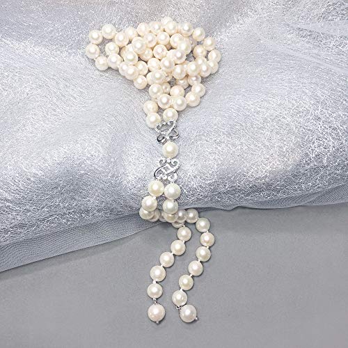40 Long Freshwater Pearls Long Necklace, 9-10MM Freshwater Cultured Pearls And Heart Sahpe Sterling Silver Accents Long Strand Necklace