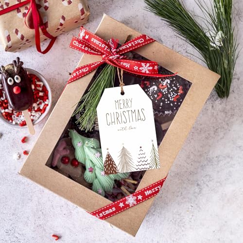 G2PLUS Weiß Merry Christmas Geschenkanhänger, 8.5 x 5.5 cm Weihnachten Anhänger mit Braun Weihnachtsbaum, Papier Etiketten für Weihnachten Geschenke und Adventkalender Deko, 50 Stk