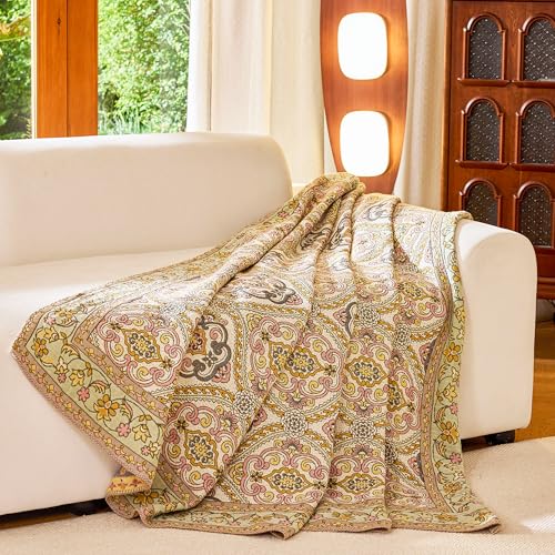 Image of VANJOROY Boho Throw Blanket for Bed Couch 50 inch x 60 inch, 100% Organic Cotton Skin-Friendly Ultra Soft Quilt Throw - Floral Rustic Living Room Decor Luxury Reversible Blanket for Sofa Chair and Gift